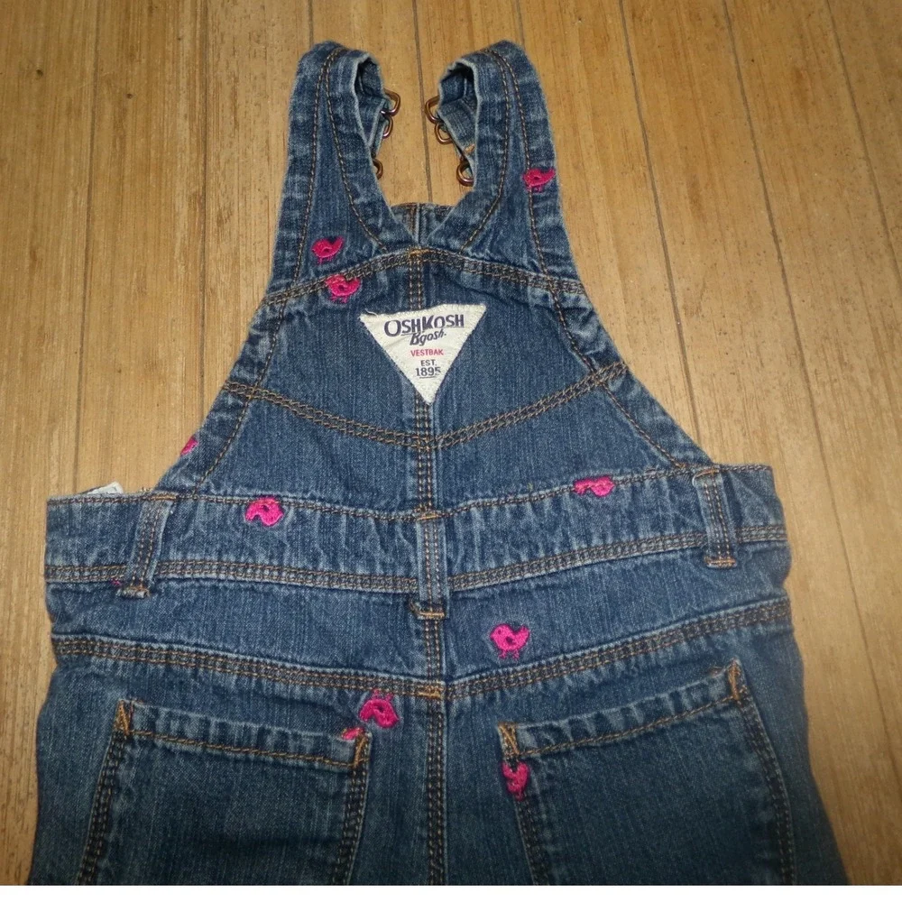 OshKosh Bgosh Baby Girls 12M Vintage Denim Overalls Pink Bird Embroidered